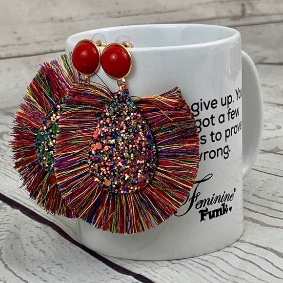 Rainbow tassel fringe druzy statement earrings - Picture 4 of 5